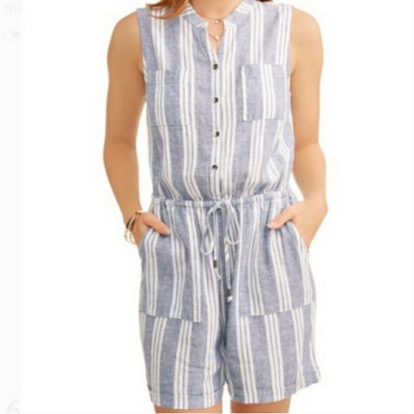 Kelly Renee Pants - Kelly Renee Linen Striped Sleeveless Romper Blue Ivory